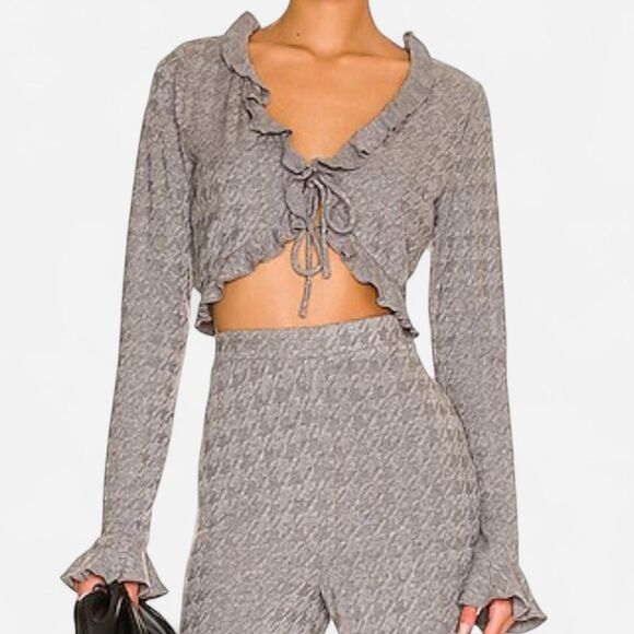 Majorelle Revolve Elena Heather Grey Knit Tie Front Cardigan Coquette Ruffle Top - Picture 2 of 8